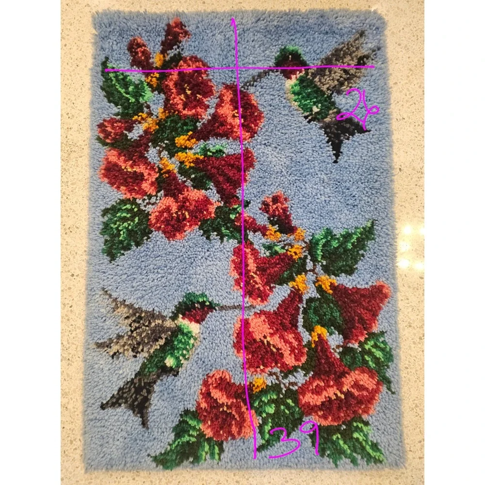 Vintage‎ Hummingbird Latch Rug Tapestry Wall Hanging Complete Hand Yarn 39x26in